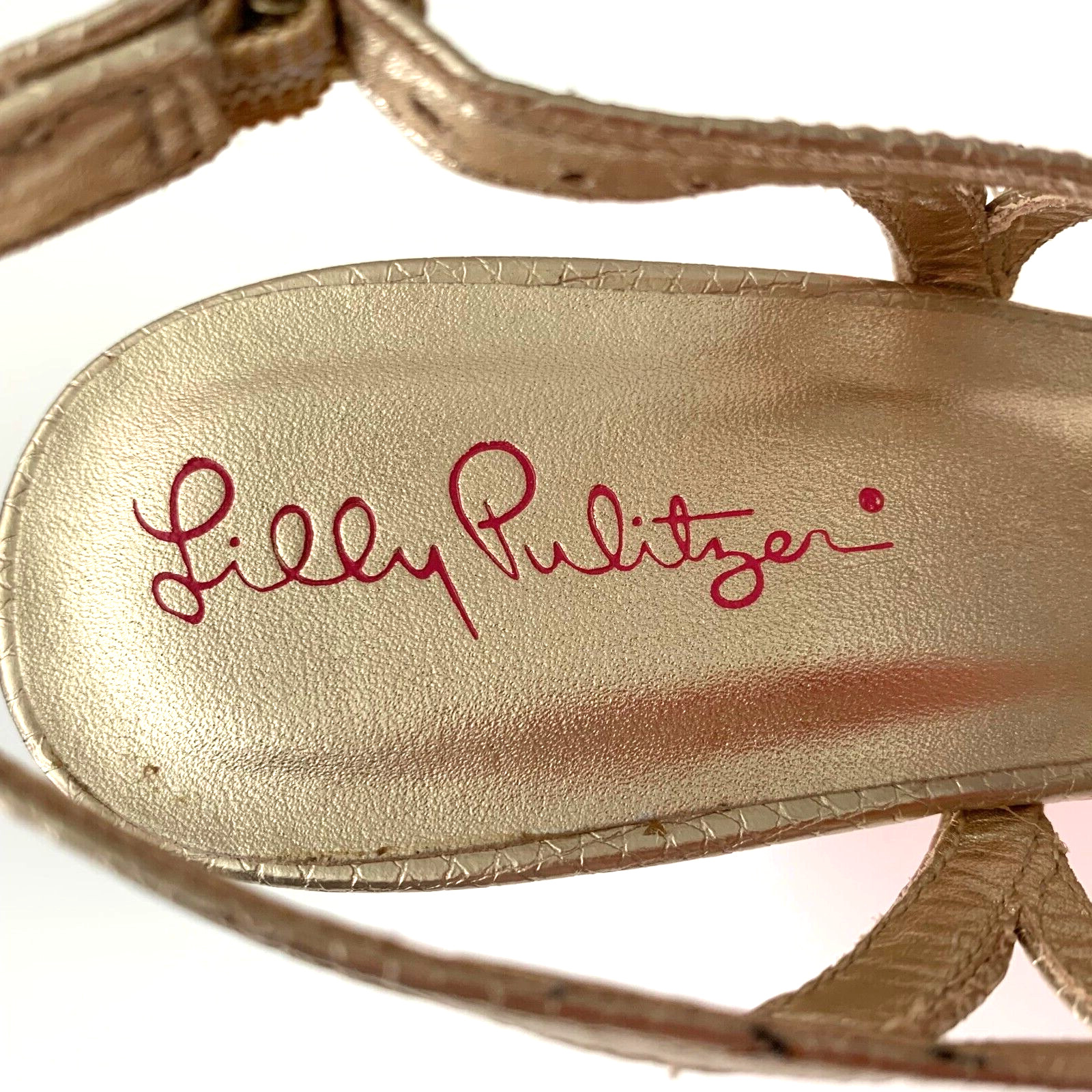 New Lilly Pulitzer Sophie Gold Leather Raffia Wedge Platform Sandals 6 Chevron