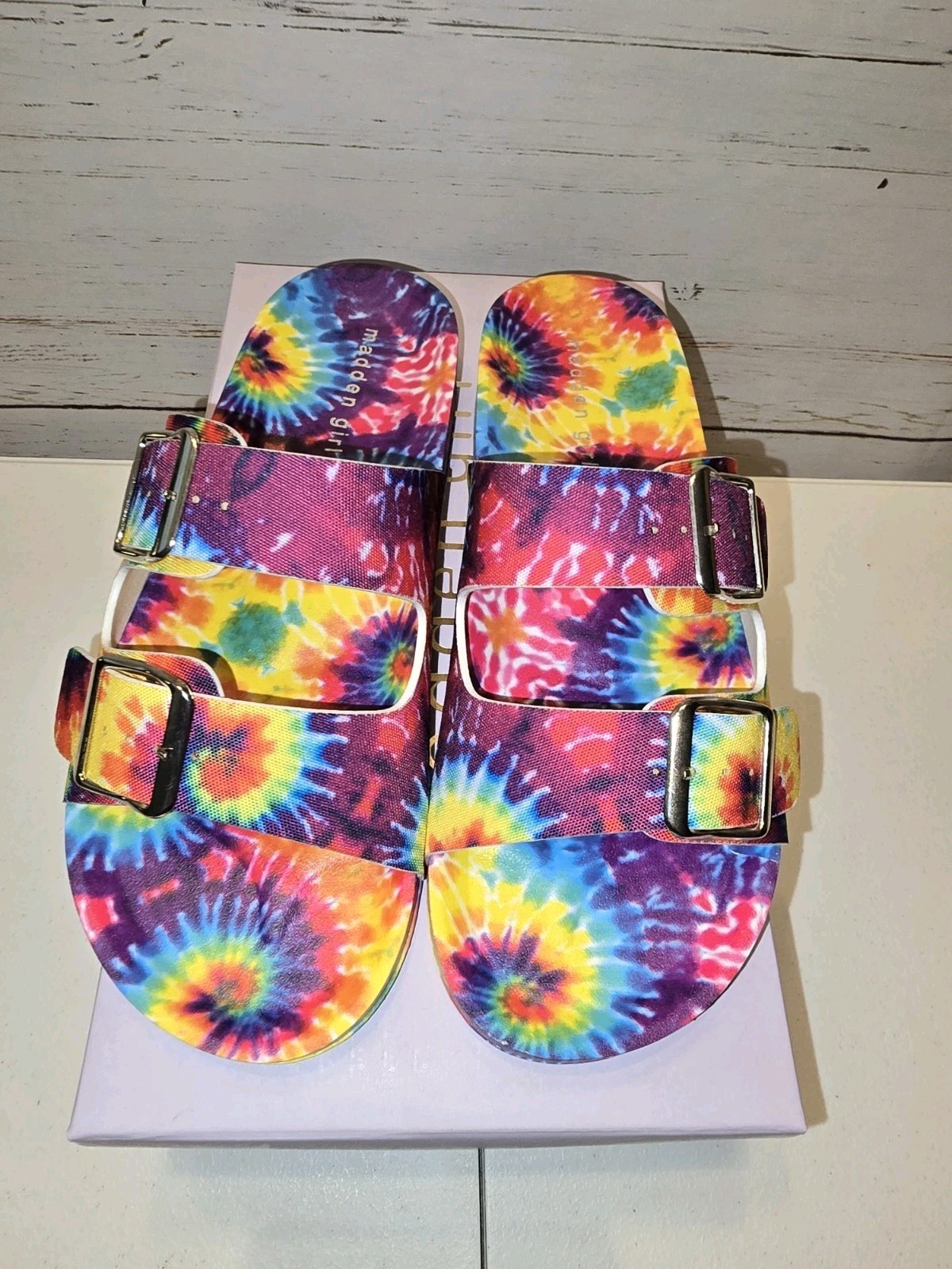 ** NEW Madden Girl Teddy-T Vibrant Tie Dye Slides Sandals Comfortable Adjustable