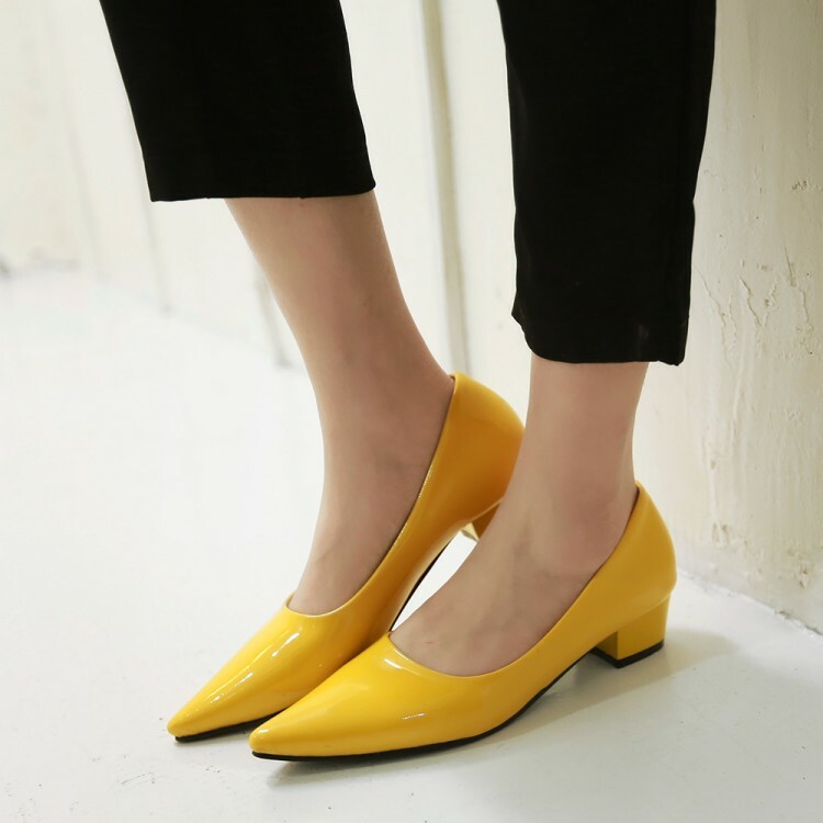 Pointy Toe Patent leather Shoes Womens Trendy Block Pumps Mid Heels Plus Size
