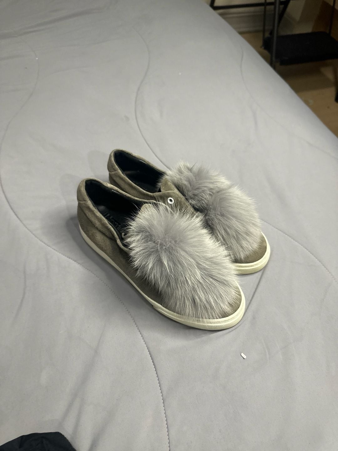 Here/Now Heather Gray Suede Slip-On Sneakers with Fox Fur Pom Poms