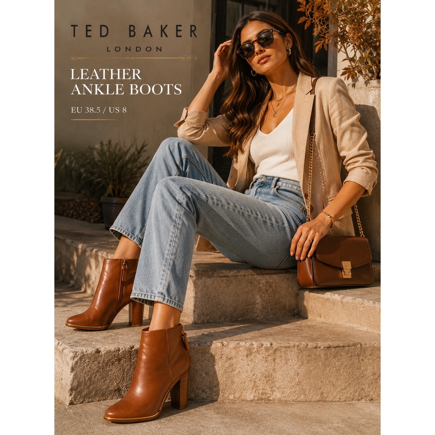 Ted Baker London Leather Ankle Boots Cognac Block Heel Booties US 8
