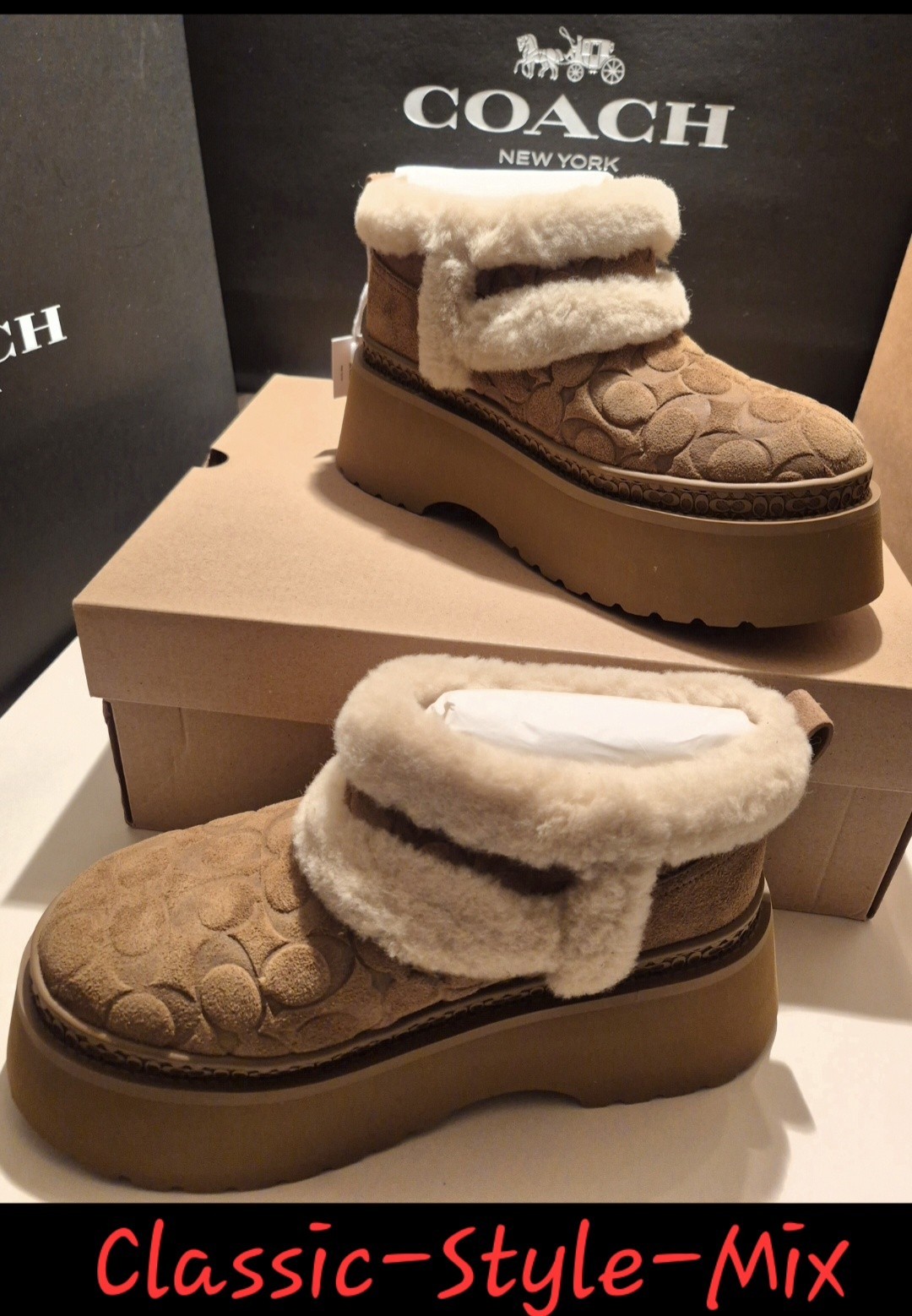 COACH CHRISTINA BOOTS IN SIGNATURE SHEARLING TOBACCO;SZ 9M;NIB;RET $165 SOLD OUT