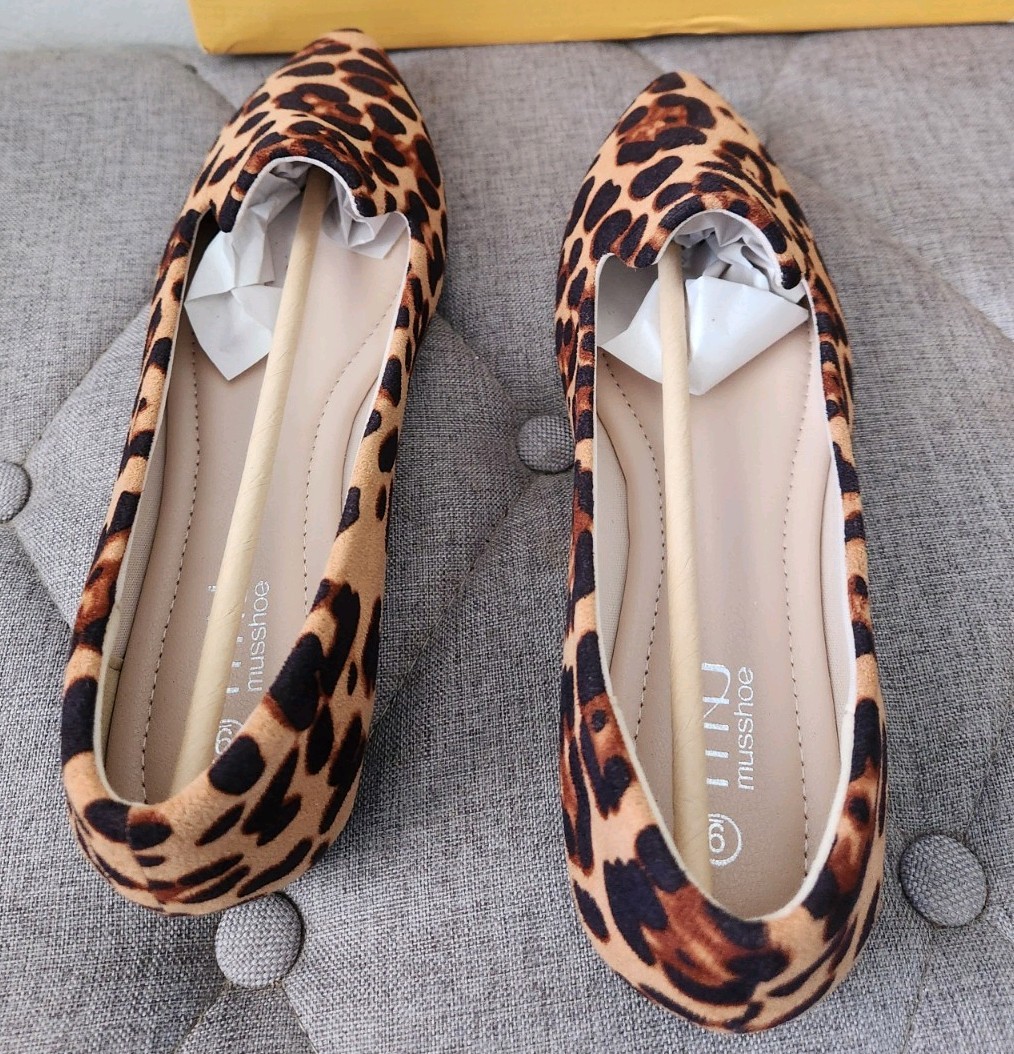musshoe Animal Print Pointed Toe Slip On Flats Brown Black Faux Suede