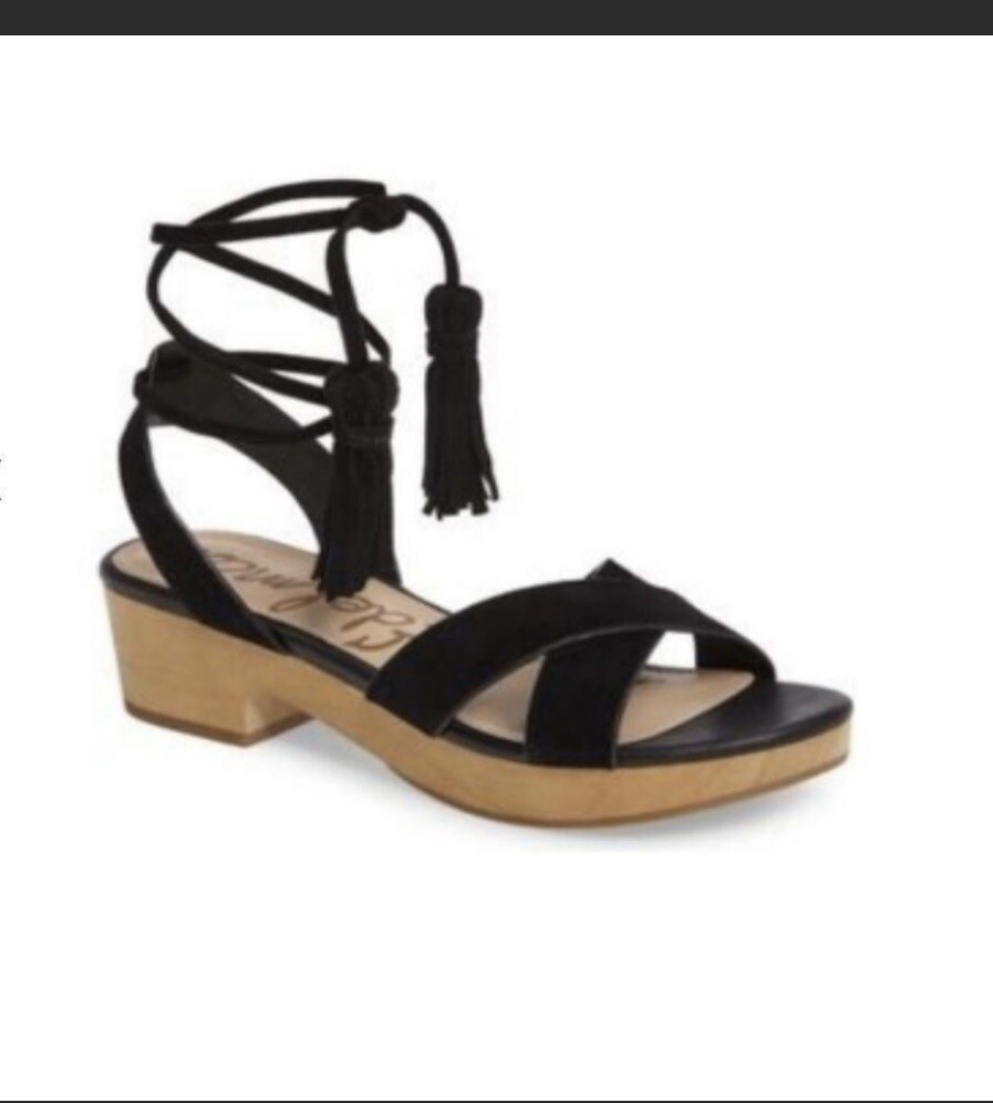Sam Edelman 7 Jenna Sandals Black Ankle Straps Wooden Heel Platform Suede Boho