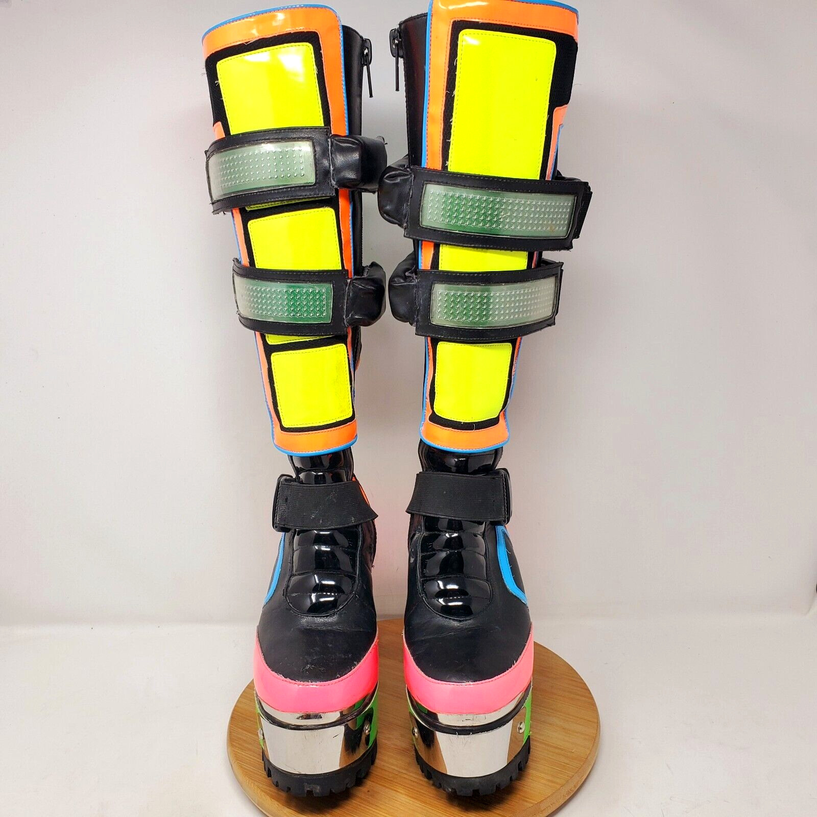Club Exx Cybertron Babe Boots Womens 6 Platform Neon Vegan Lug Heel LED Straps