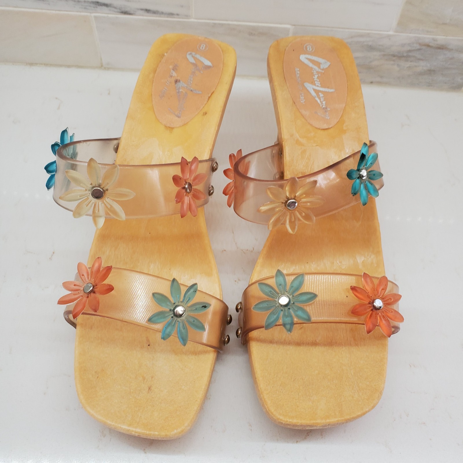 Chinese Laundry Slip-On Heels Clear Straps Jelly Flowers Rubber Platform Italian