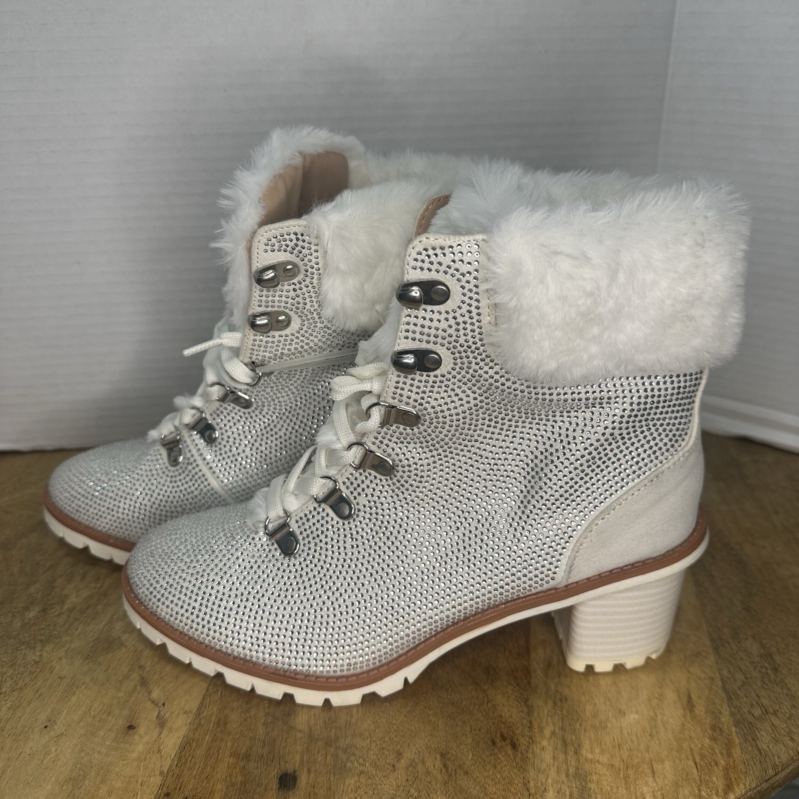 Nannette Lepore Anais Bootie Rhinestone in Winter White Size Womens 9M Faux Fur