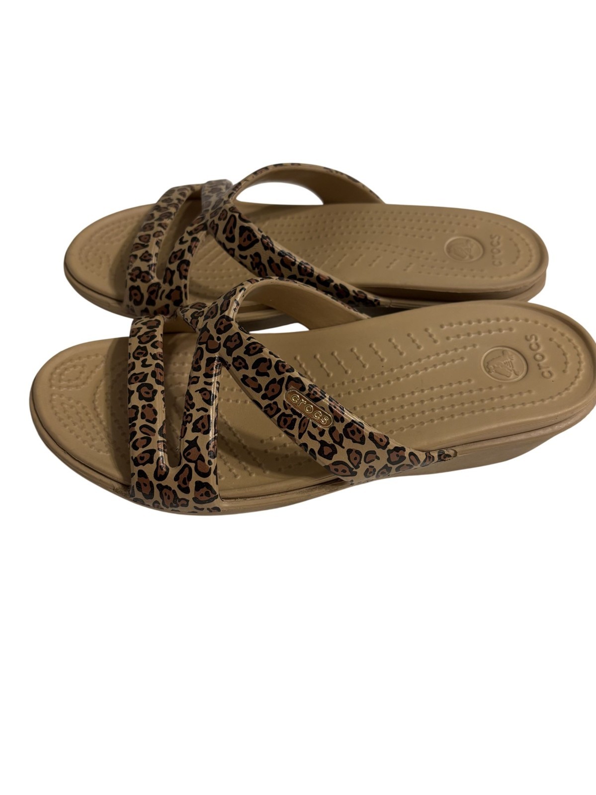 Leopard Print Crocs Womens Sandals Size 7 Beige Slip-On Slides