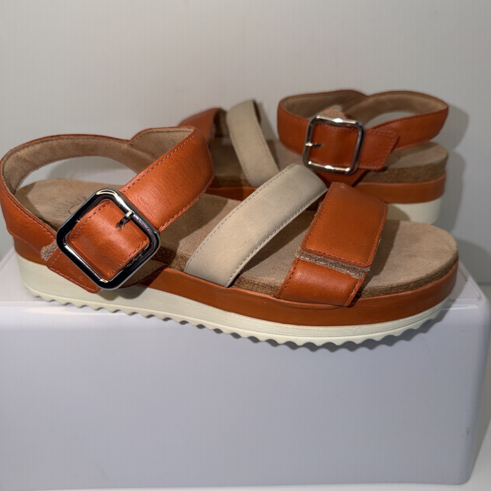 Brioso Women Fairdane Leather Platform Sandals/Orange/Beige Straps/Brazil/New/8M