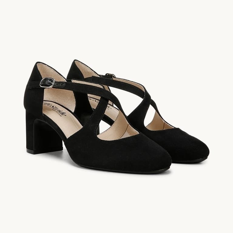 LifeStride Tracy Black Micro Strappy Block Heel Pump Shoes Sz 7.5M NEW