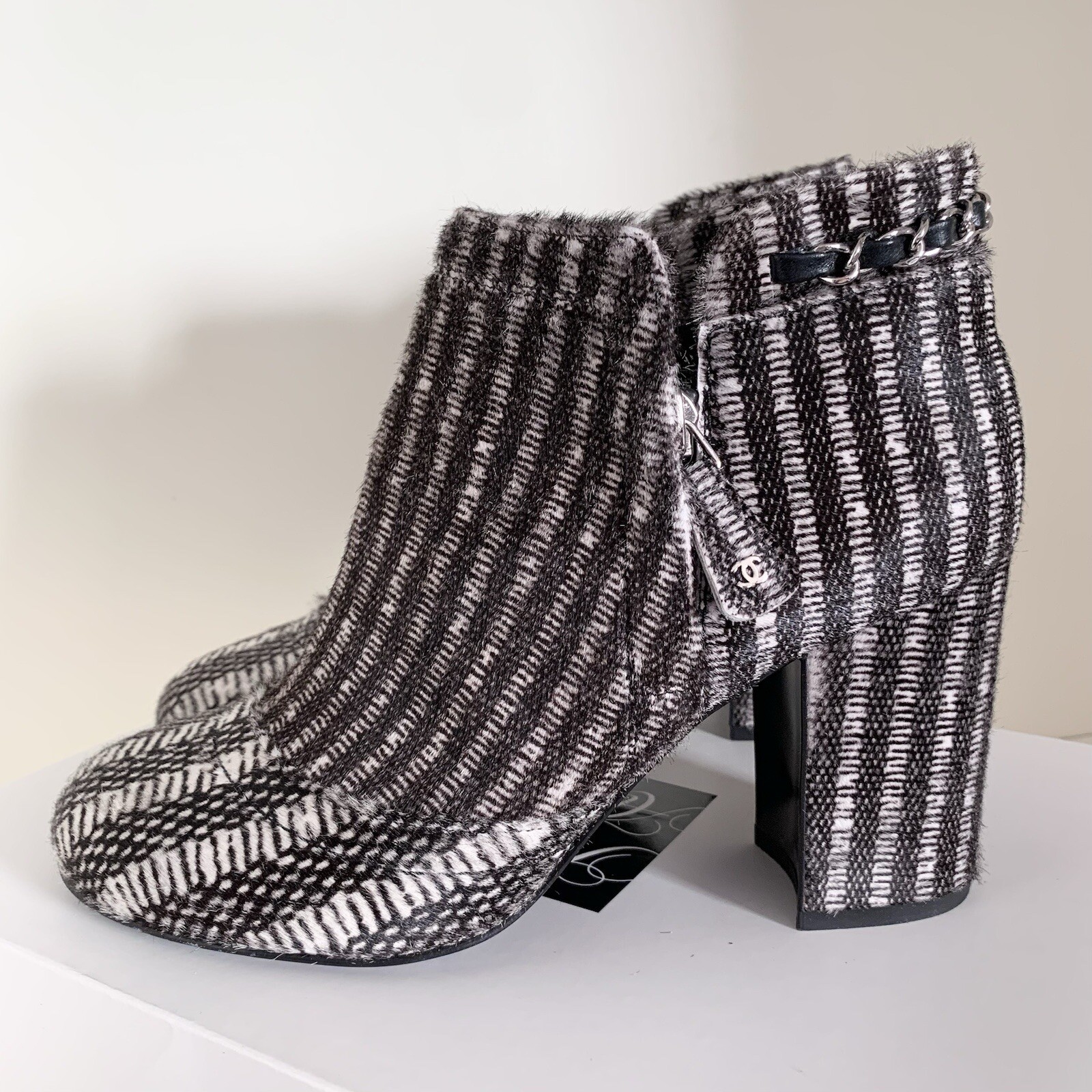 Chanel Pony Hair Chain Logo Zipper Heel Boots 36 Retail $2100