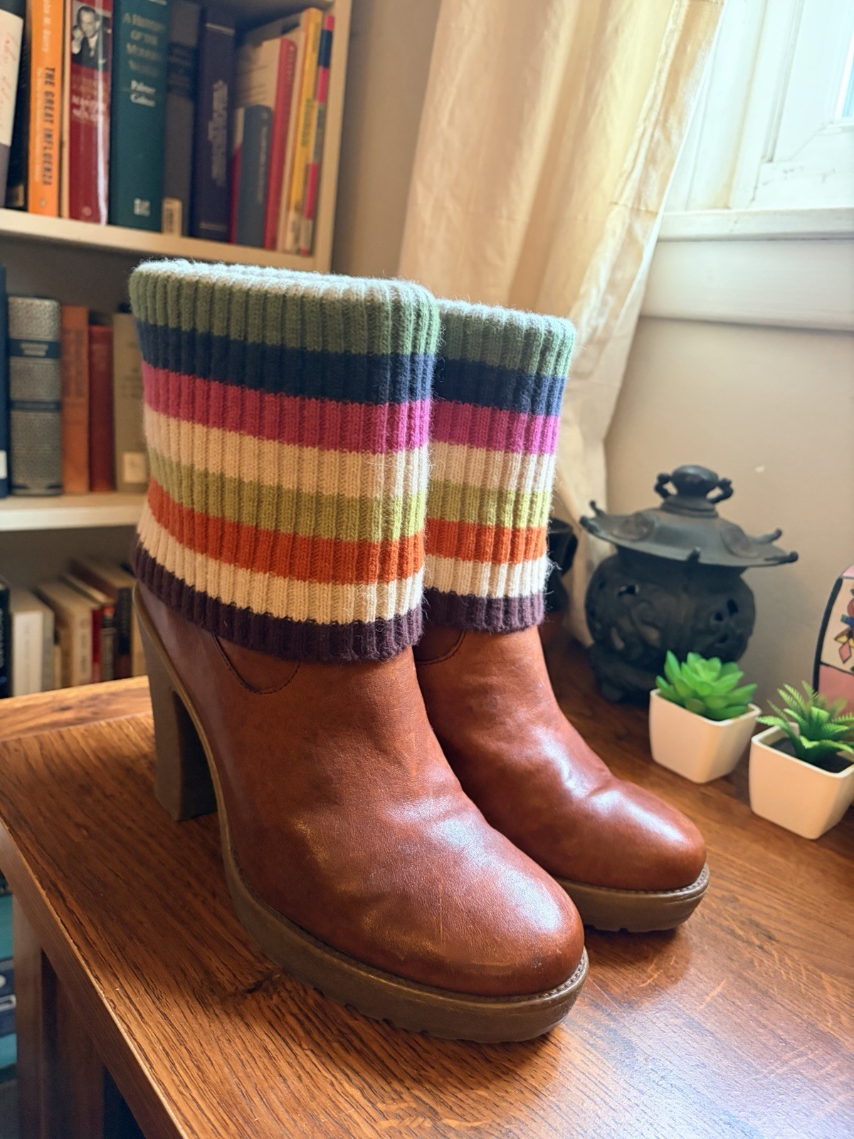 Coach Brown Leather Bootie Boots US 9 Legacy Striped Cuff Block Heel