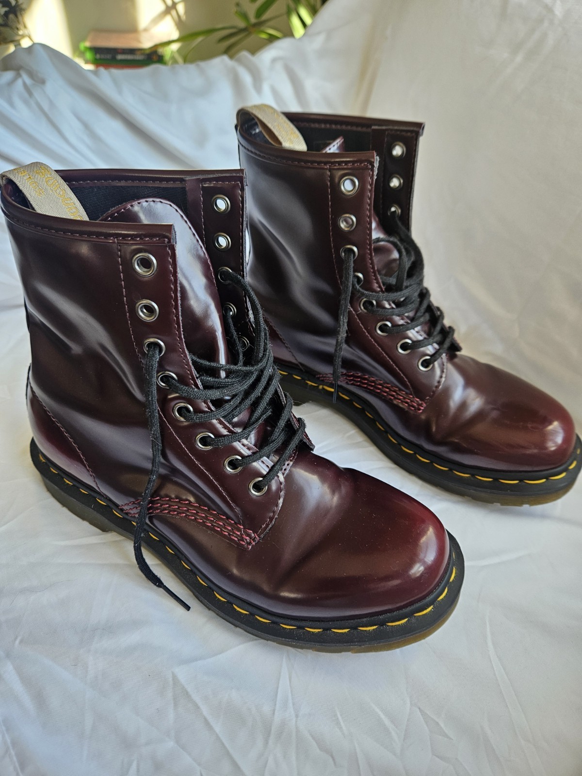 Dr. Martens Vegan Burgundy Lace-Up Combat Ankle Boots, women’s US 8 Round Toe