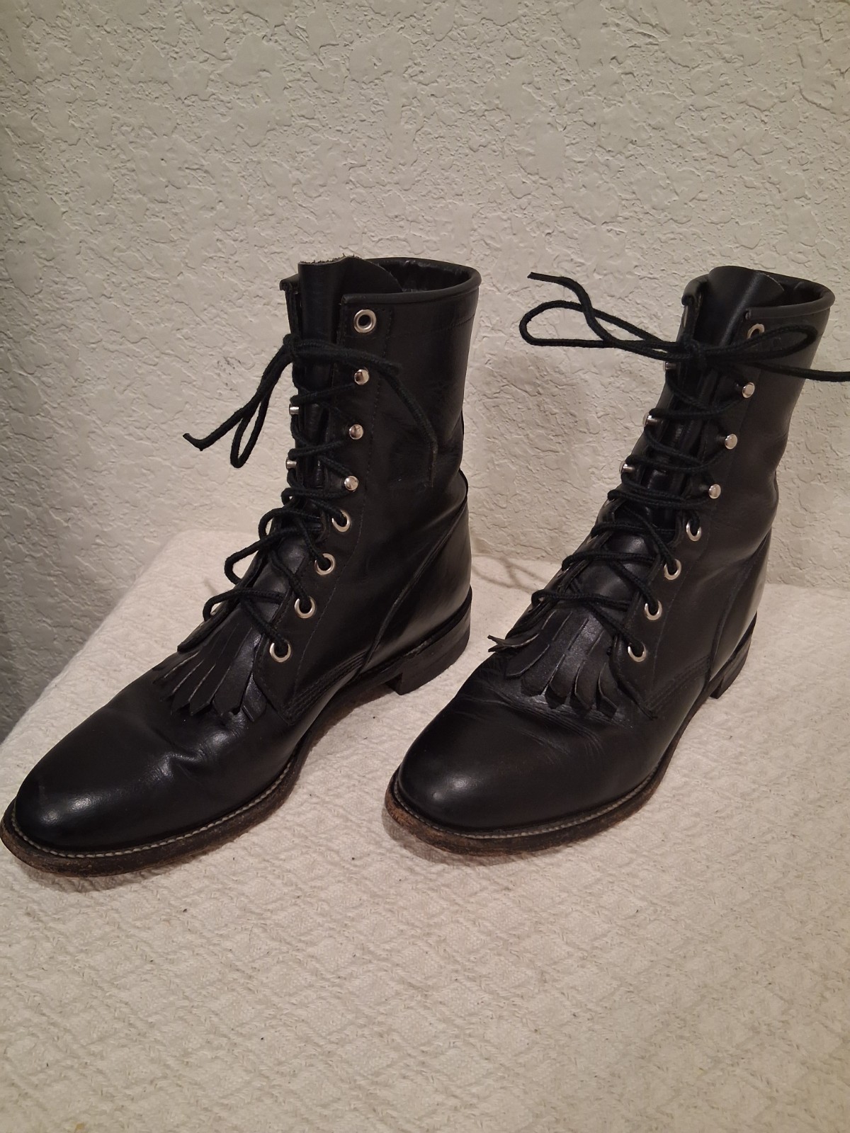Justin L0506 Western Roper Kiltie Women Leather Black Boots Lace Up Size 6.5B