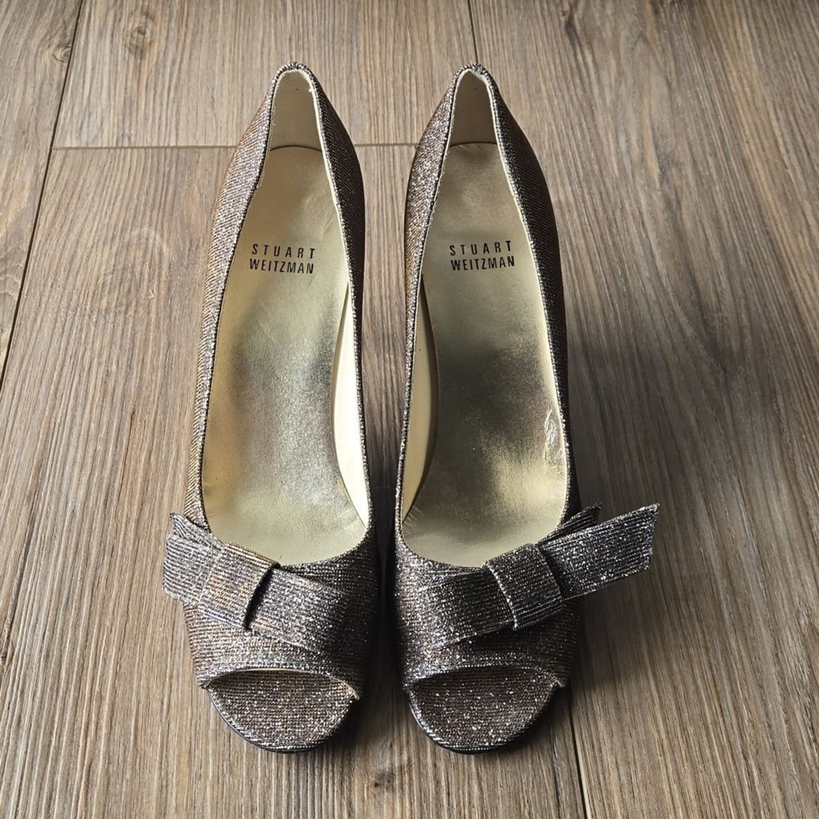 Stuart Weitzman Pyritr Bowover Two-Tone Silver and Gold Heels