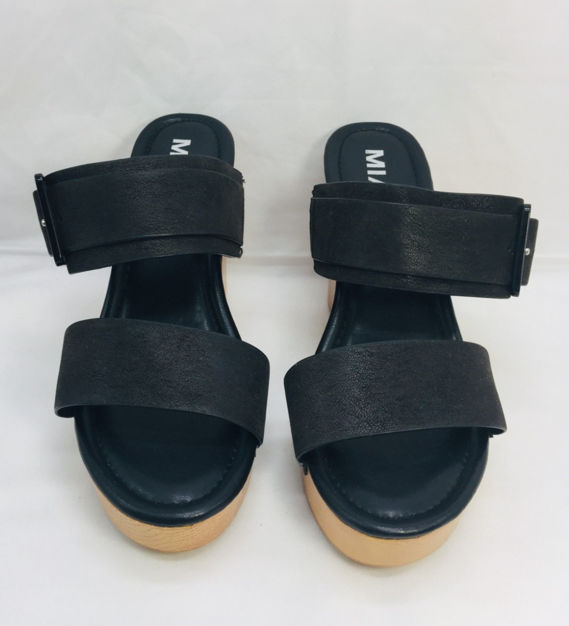 MIA Kristel Women’s Wedges 4.25″ Heel Black Strap Shoes With Buckle Sz 7.5M EUC