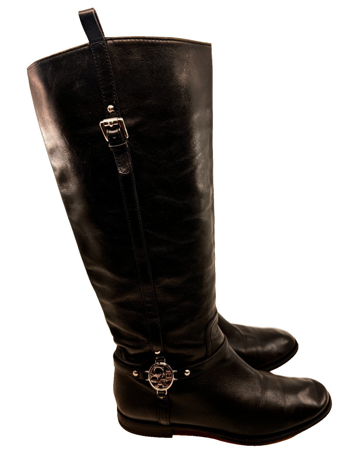 Coach Women Calve Boots Side Zip Semi Pointed SZ 7B Black Logo 1/2 Block Heel