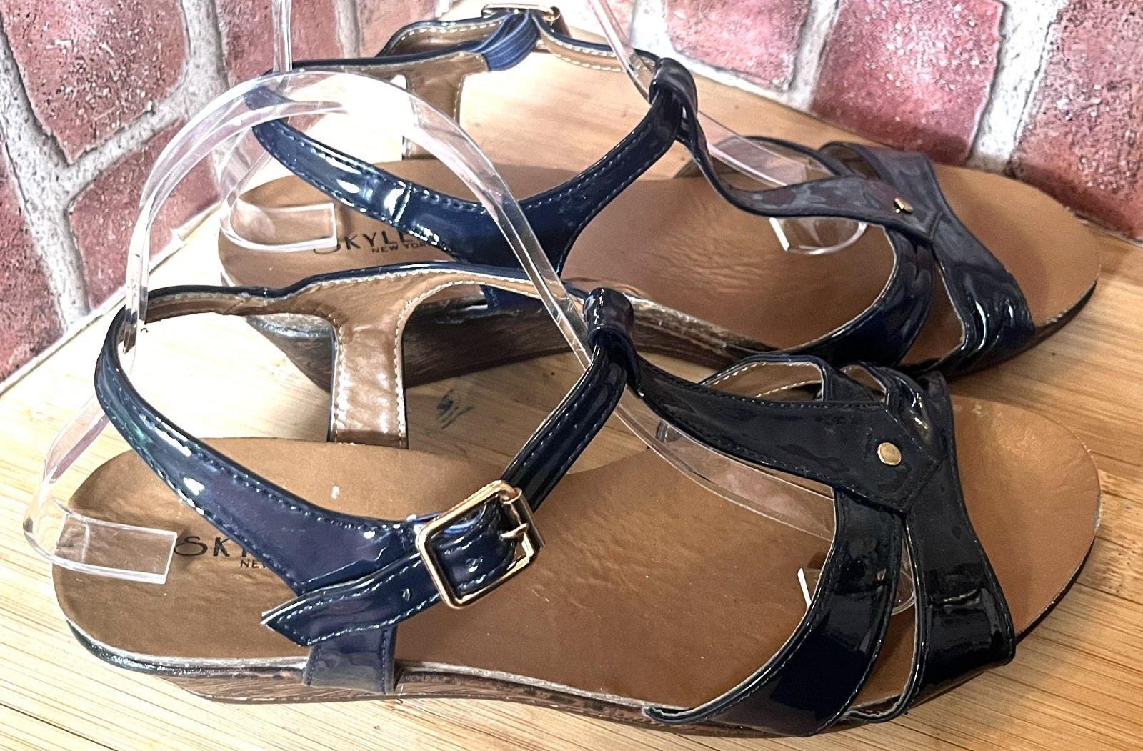 SKYLER NEW YORK BLUE PATENT LEATHER CORK FOOTBED LOW HEEL WEDGE SANDALS 10M