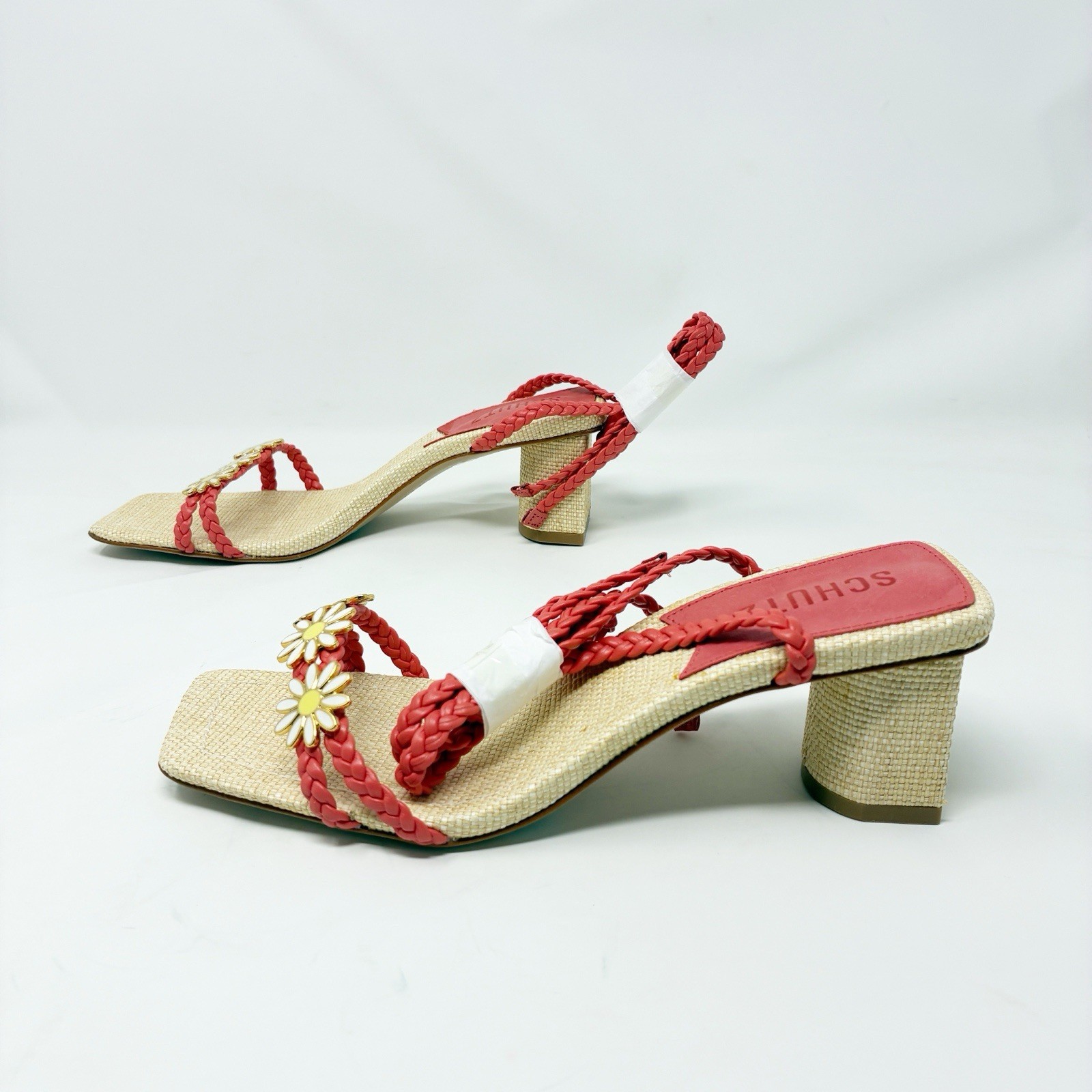 Schutz Hina Coral Block Heel with Daisy Embellishments 6.5 NIB