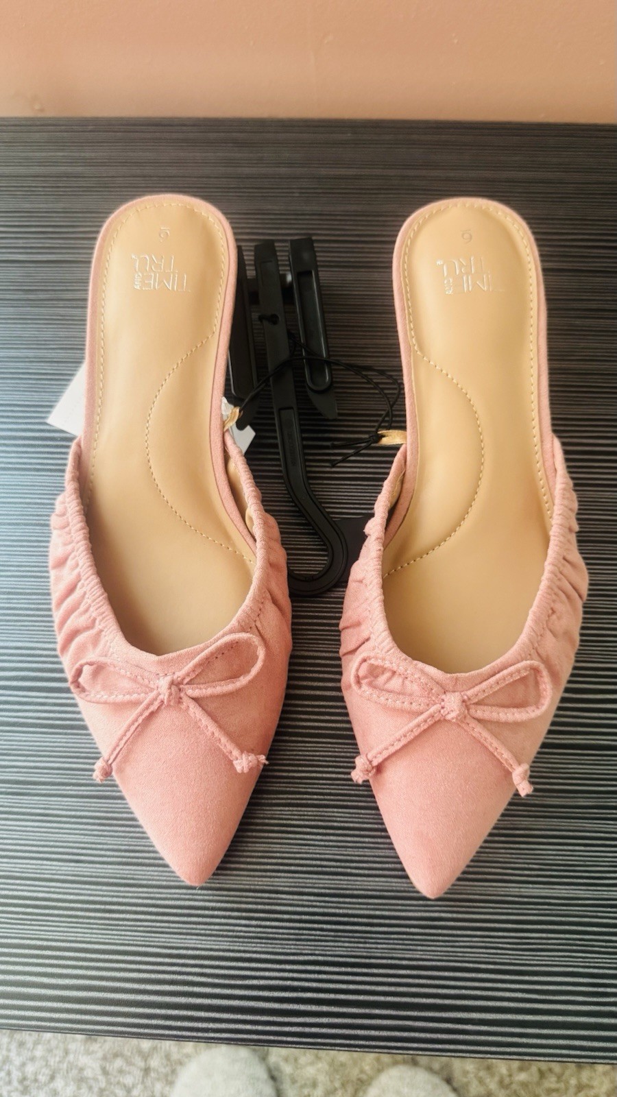 Time and Tru women’s faux suede kitten heel mules feature a charming bow a
