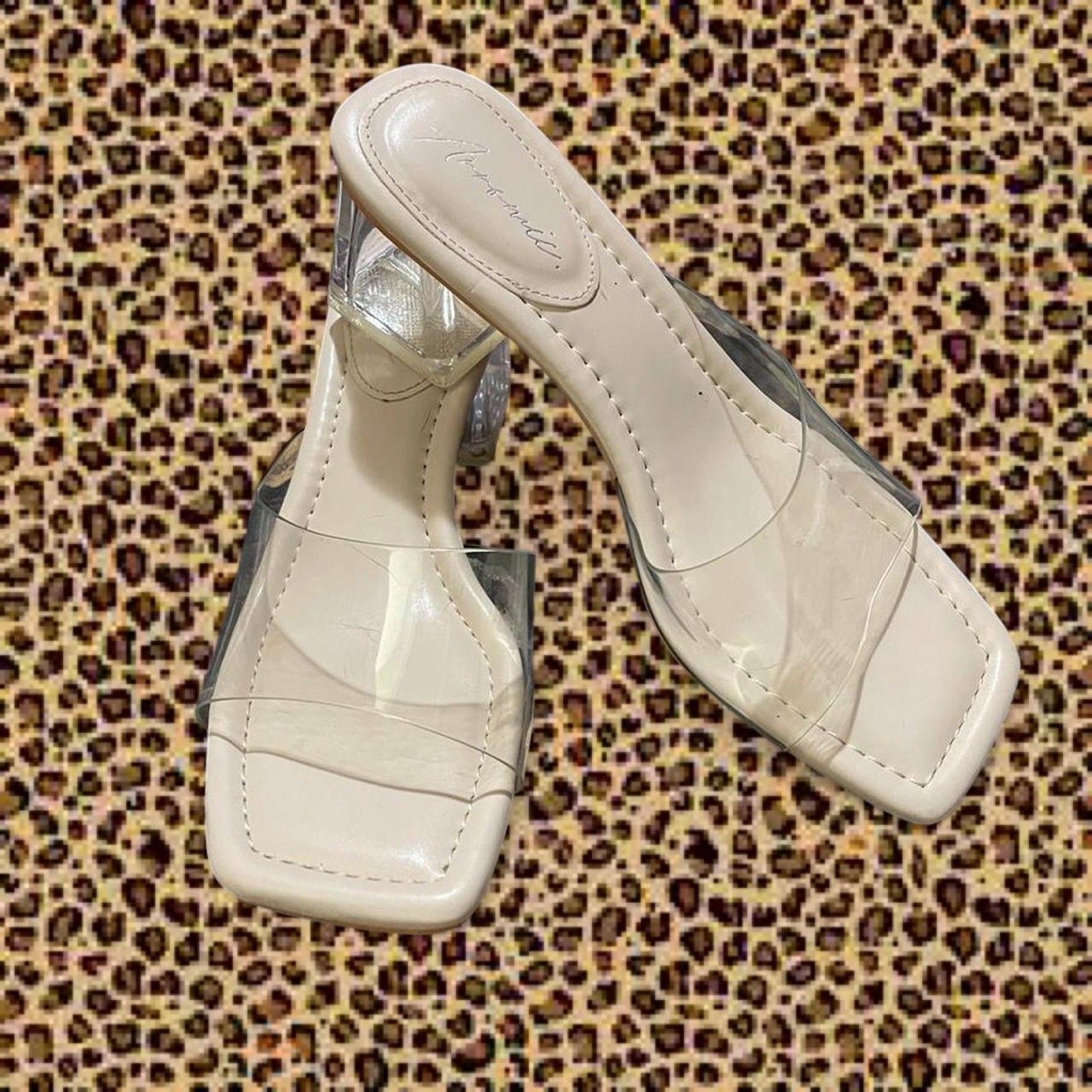 Cream and clear square toe heels 8.5