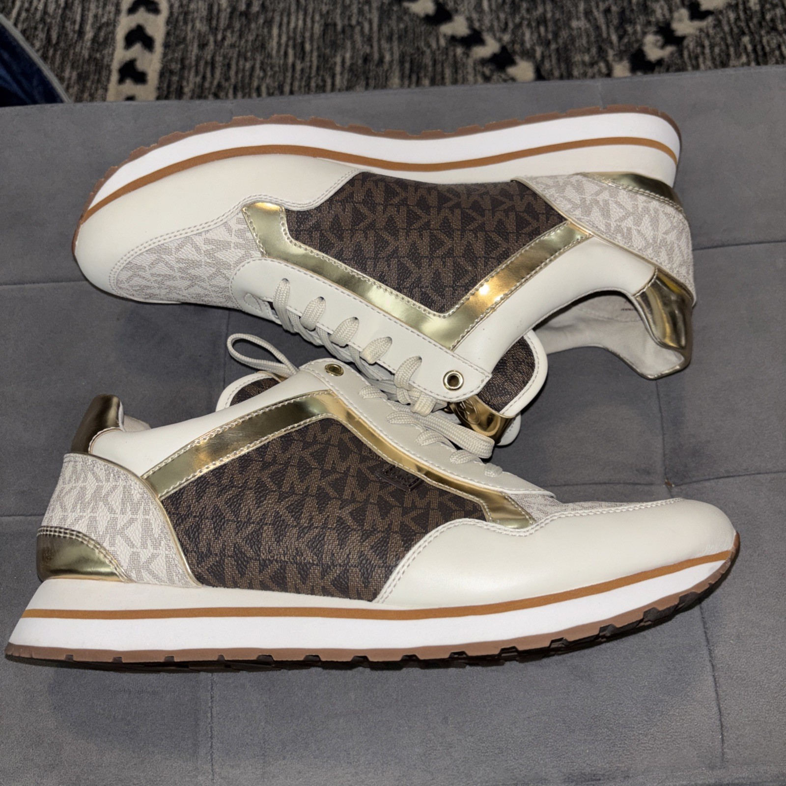 Michael Kors 2020 MADDY TRAINER White Brown Gold MK LOGO SNEAKERS 11M