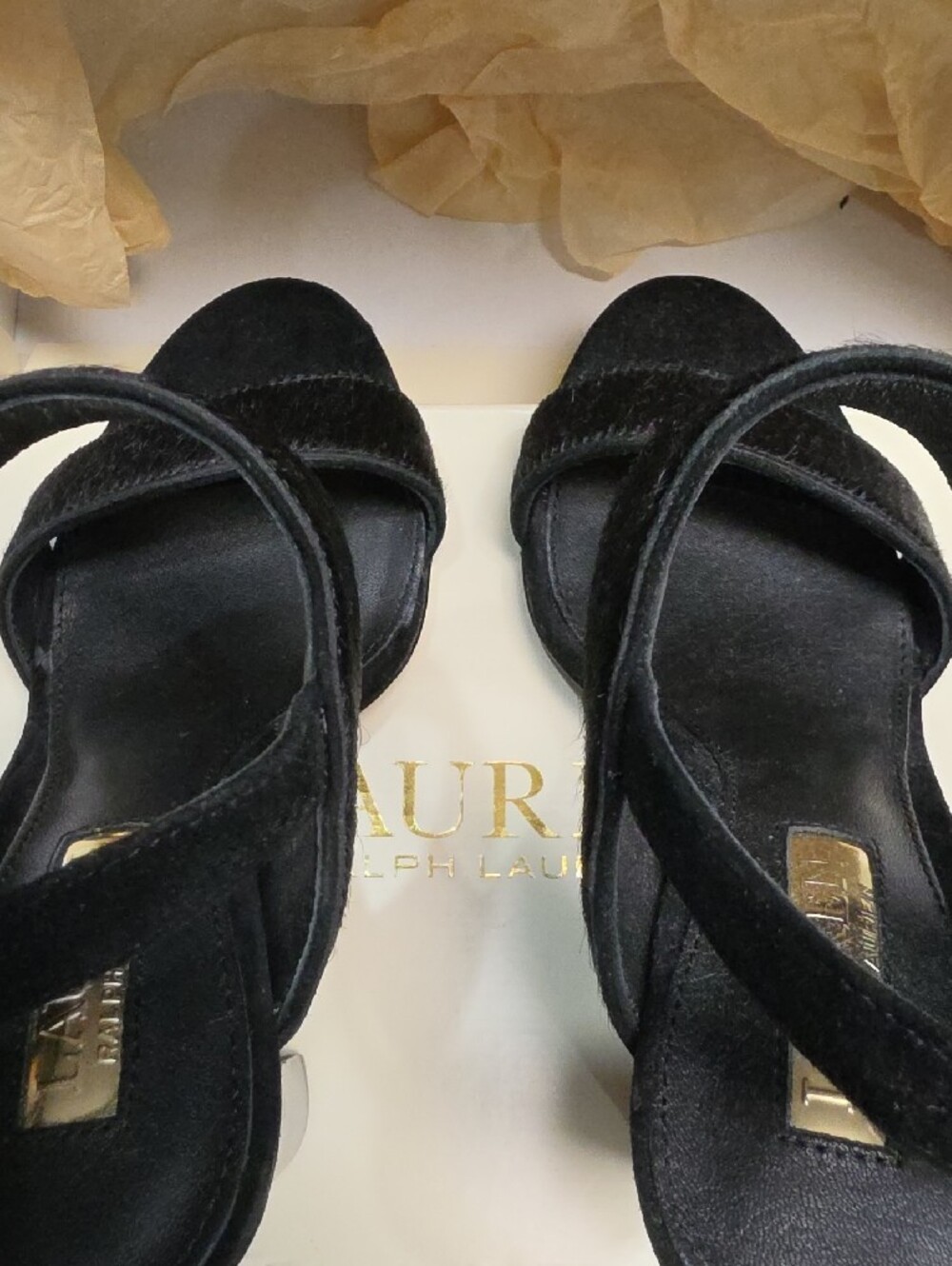 Lauren Ralph LaurenKacia Black Calf-Hair Open-Toe Block Heel Sandal – Size 6B