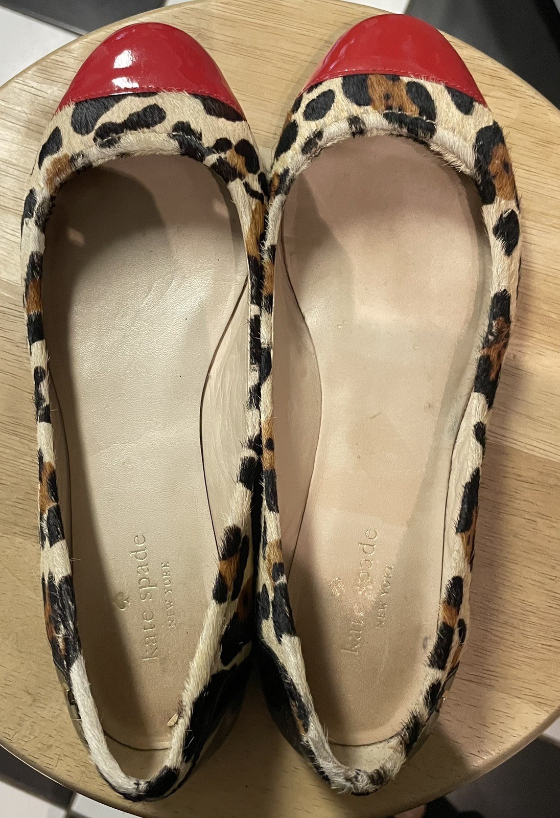 KATE SPADE Leopard Calf Fur Ballet Flats * 8.5 B* Red Patent Leather Trim