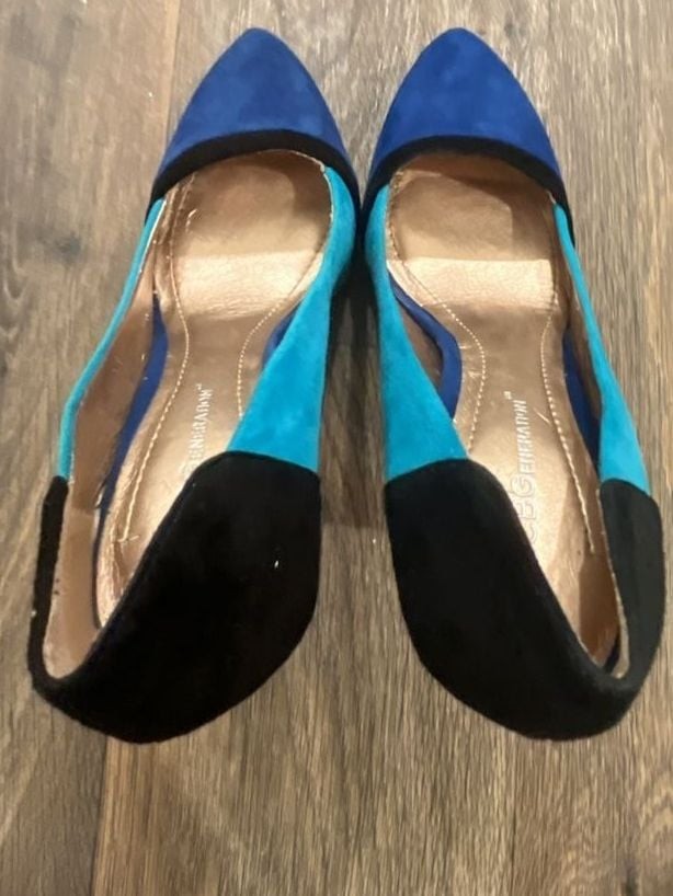 BCBGeneration Color Block Suede Stiletto Heels in Black, Teal, and Blue