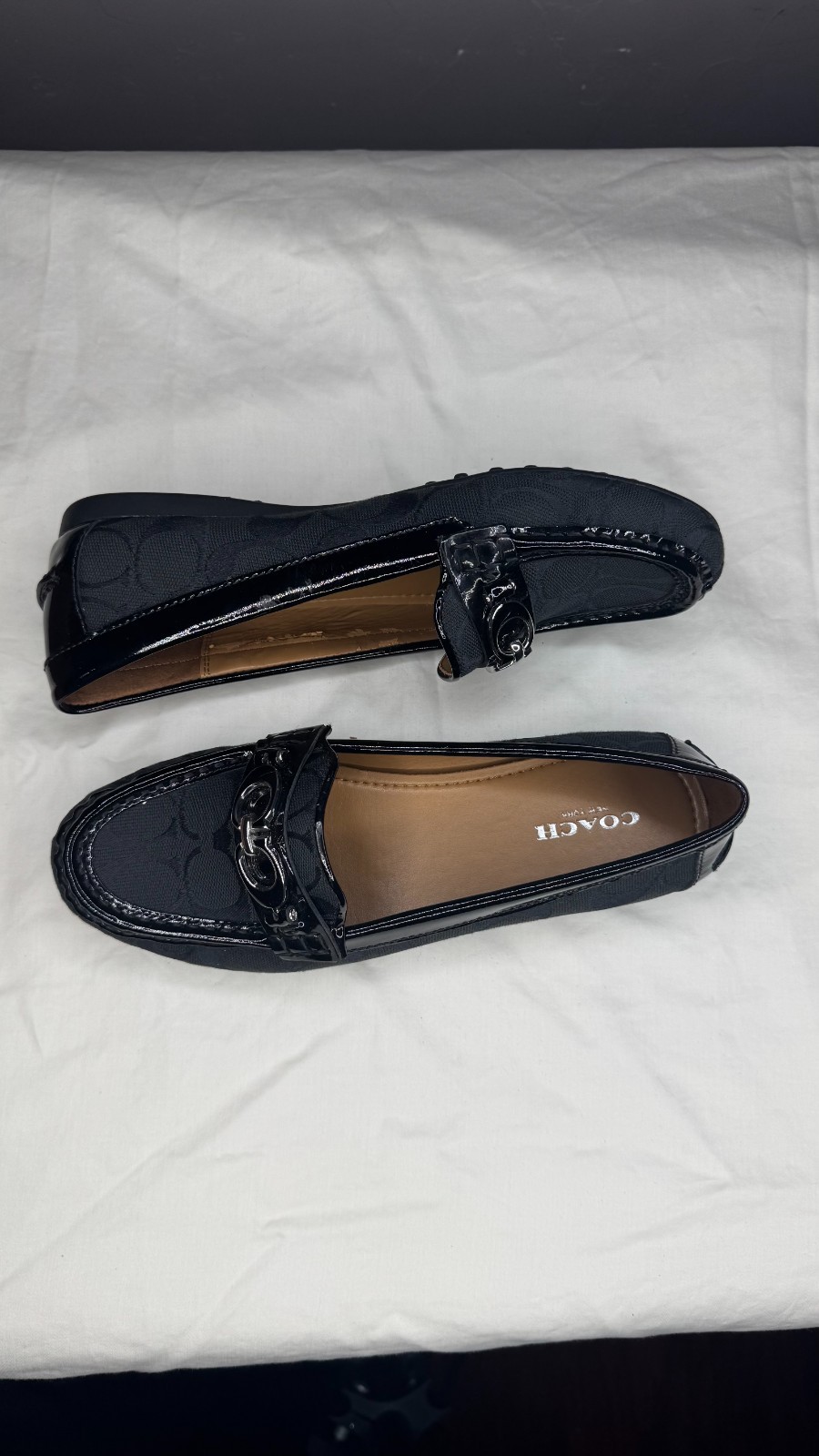 Coach Amber Signature C Canvas Loafers Black Patent Leather Flats Women’s Size 6