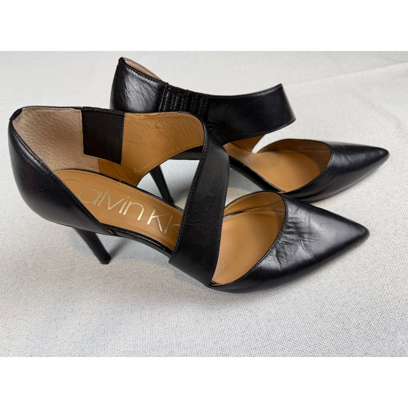 Calvin Klein Women Black Leather Asymmetrical D’Orsay Pointed Toe Stiletto Heels