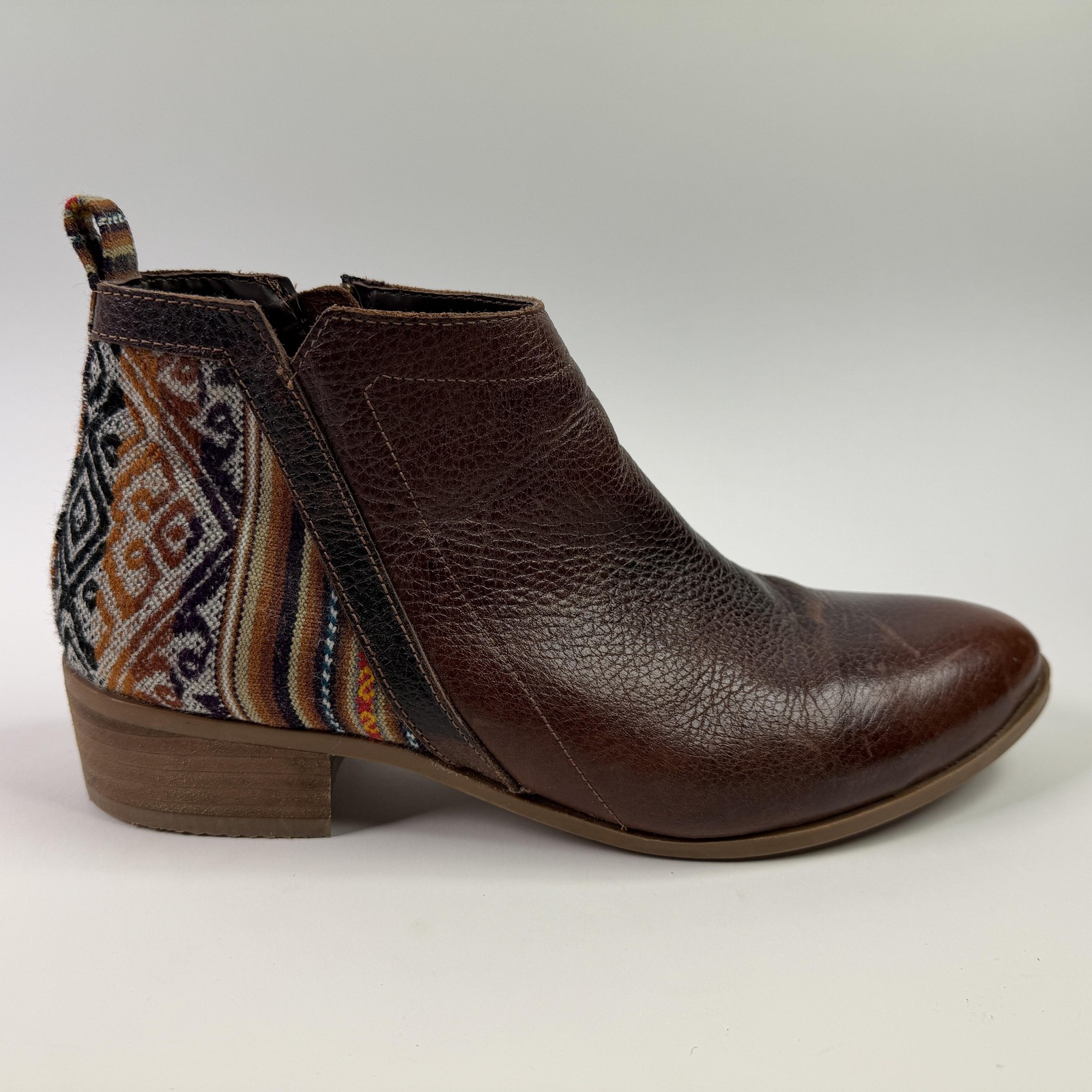 Inkkas Boots Womens Size 11 Brown Leather Ankle Textile Zip Boho Booties