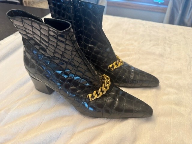 Tom Ford Black Leather Gold Chain Link Ankle Boots, black, size 39