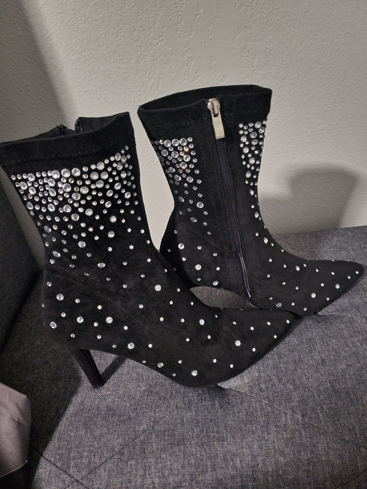 Black Suede Studded Mid-Calf Zip Bootie Pointed Toe Stiletto Women