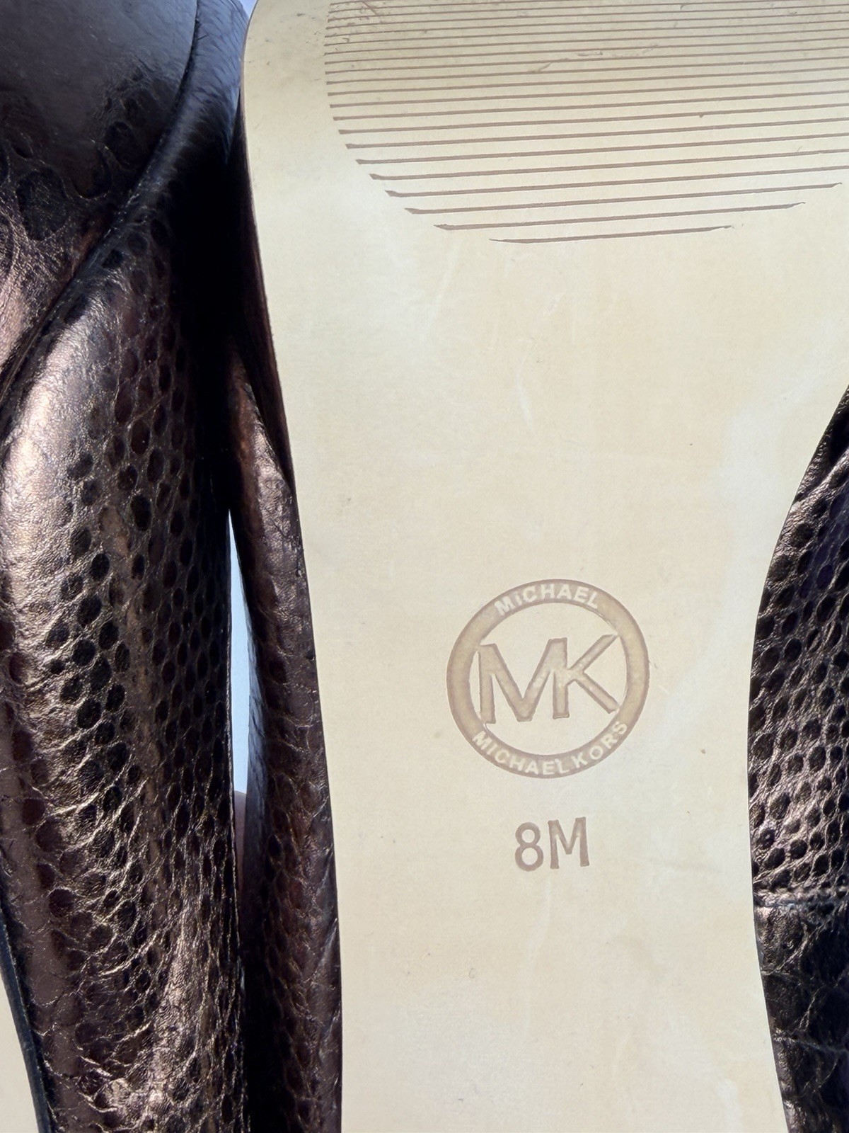 Michael Kors York Metallic Bronze Snakeskin Peep-Toe Platform Pumps Heels Sz 8