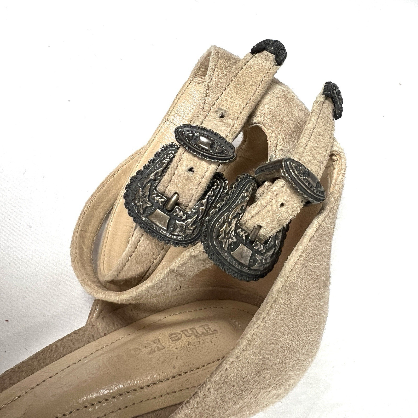 The Kooples Suede Western Ankle Strap Heels Buckle Sandals Nude Stiletto Sz.7.5