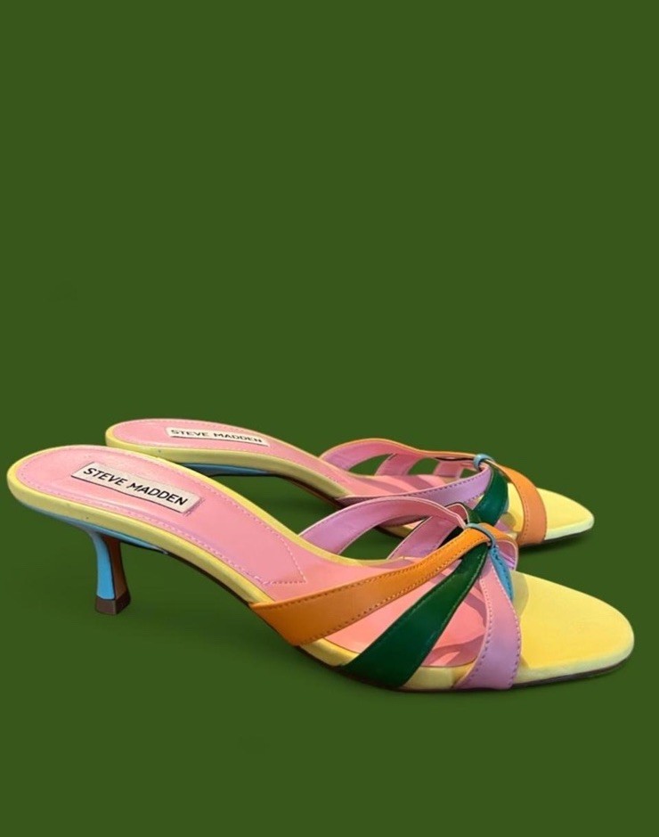 Brand New Steve Madden Cary Multi Leather Strappy High Heel Slide Sandals, 8.5