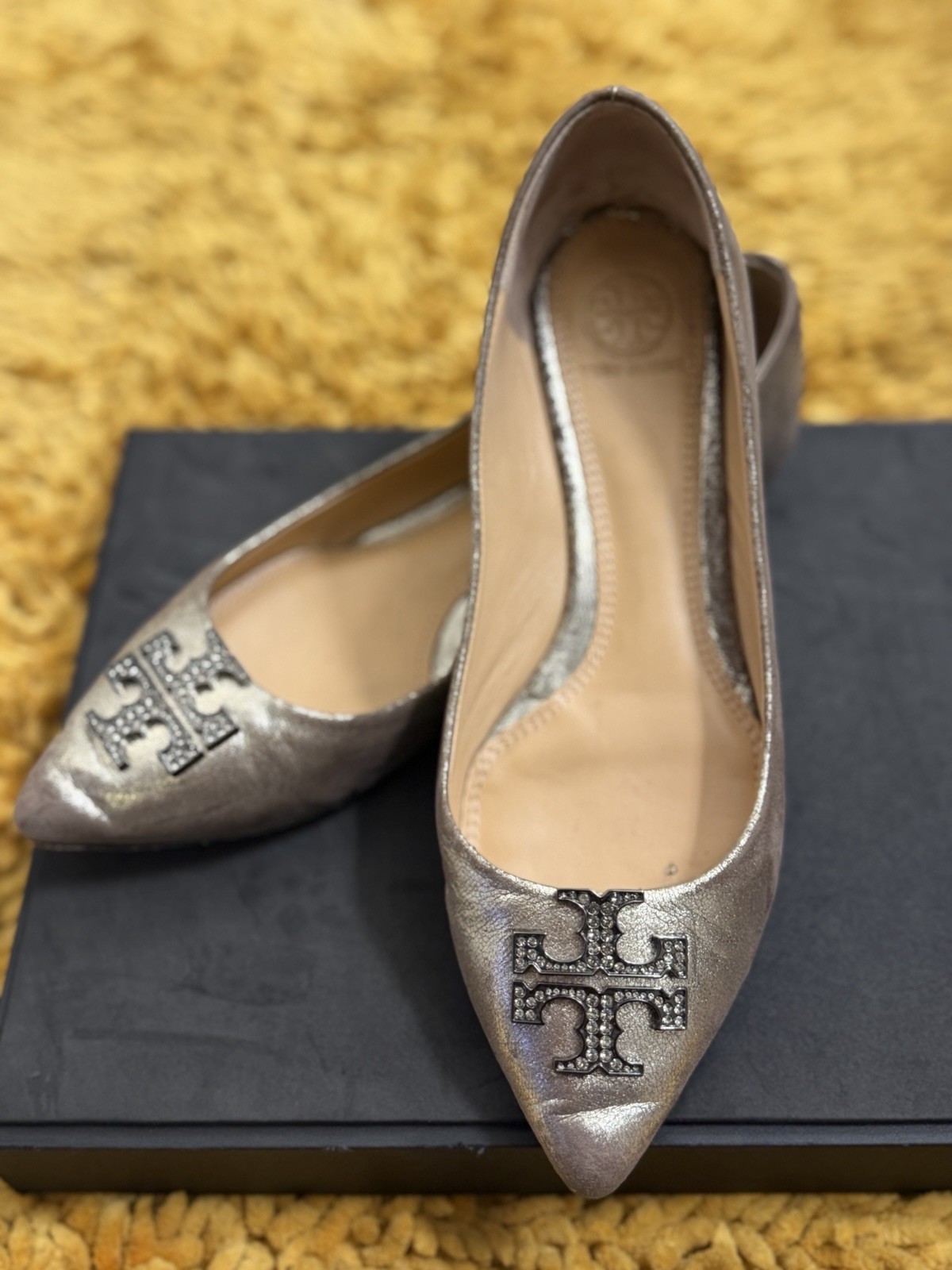 Tory Burch Metallic Pewter Pointed Toe Flats with Crystal T Cross Logo Size 7