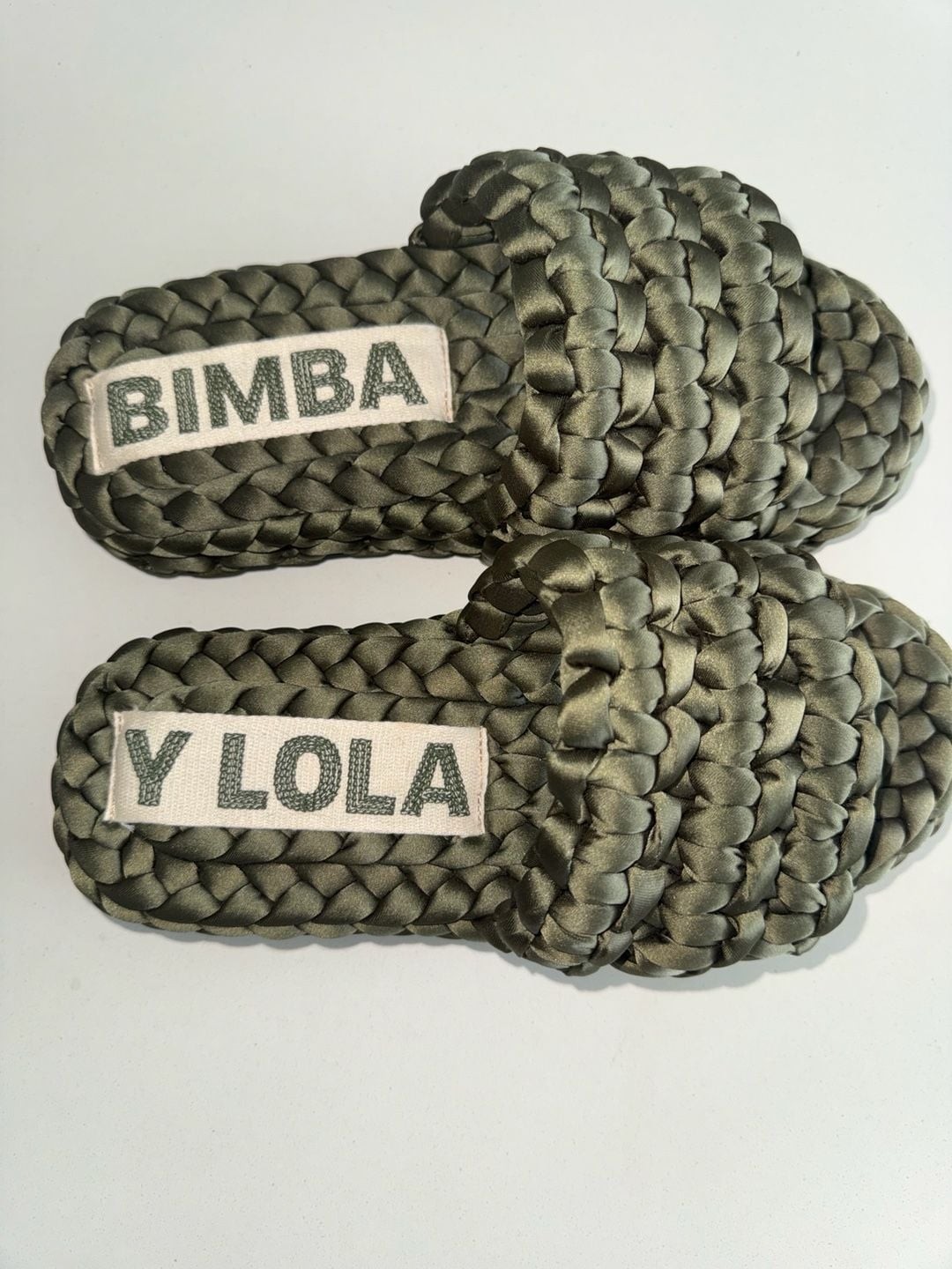 Bimba Y Lola Olive Green Braided Satin Slide Sandals Sz 37 (6.5 – 7 US)