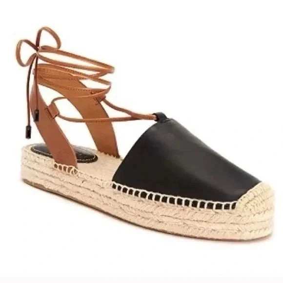Coach Rita Espadrille Sandals Size 5.5M Black Leather LaceUp Flat Shoes NiB