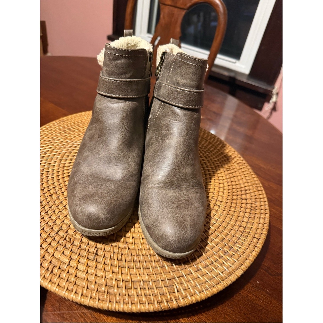 Sporto Taupe Faux Leather Ankle Bootie with Shearling Cuff