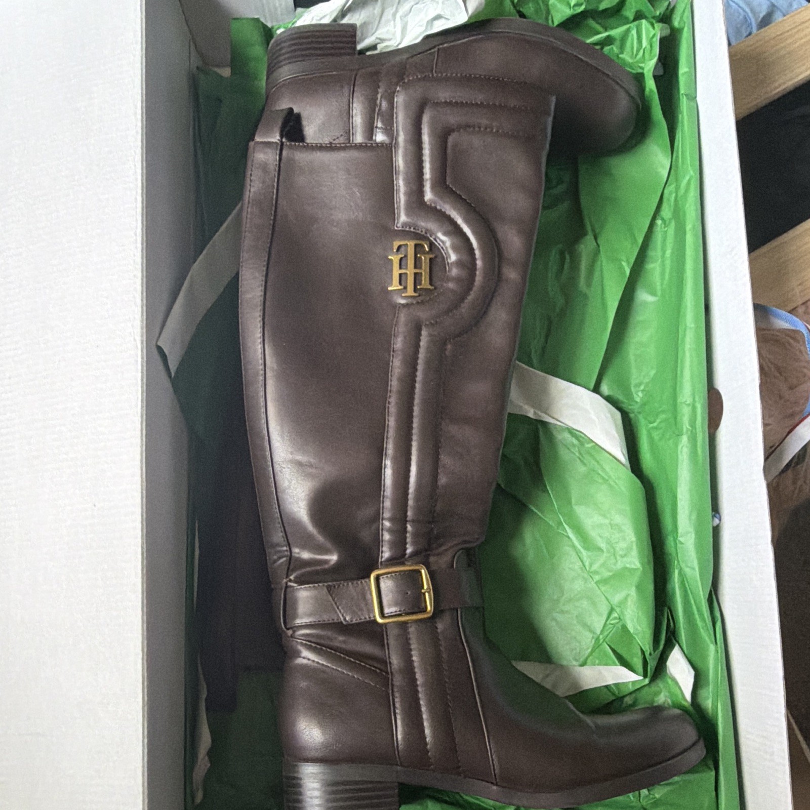 Tommy Hilfiger Women’s Brown Leather Knee-High Riding Boots Zip Buckle Logo US 8