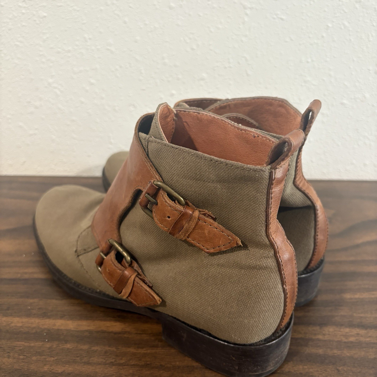 J Crew Womens Canvas Leather Double Monk Strap Ankle Booties Size 7 Green Brown