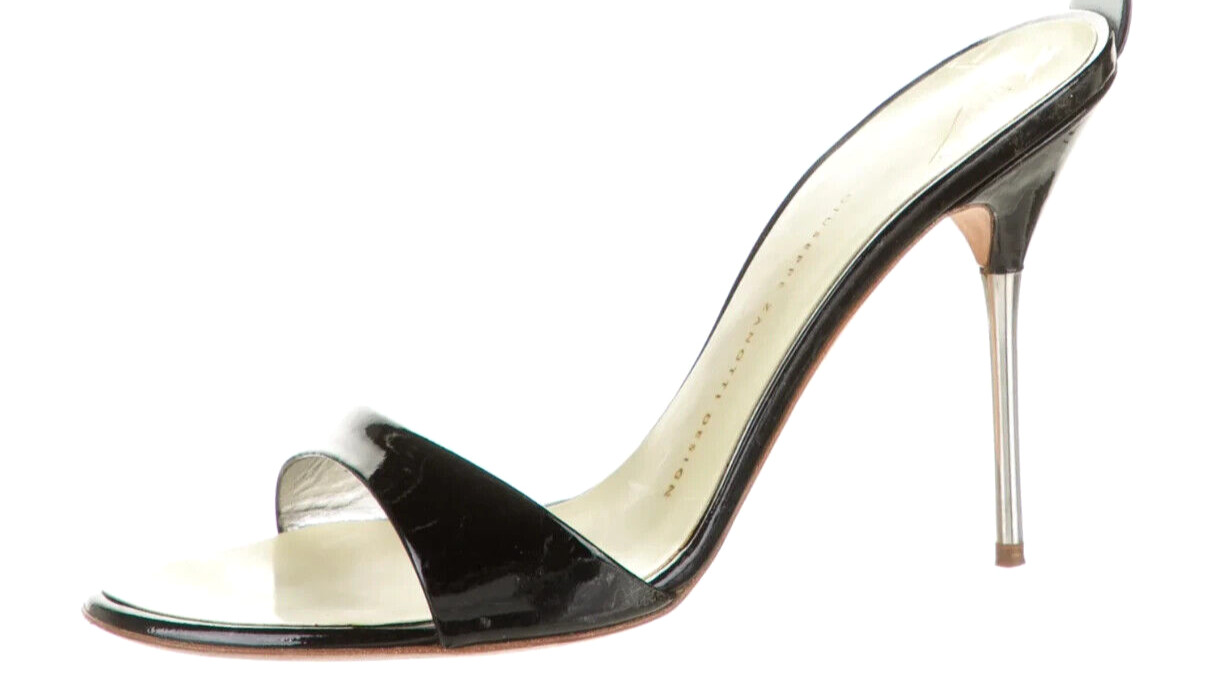 Designer Giuseppe Zanotti Black Patent Leather Ankle Strap Metal Heel Sandals 8