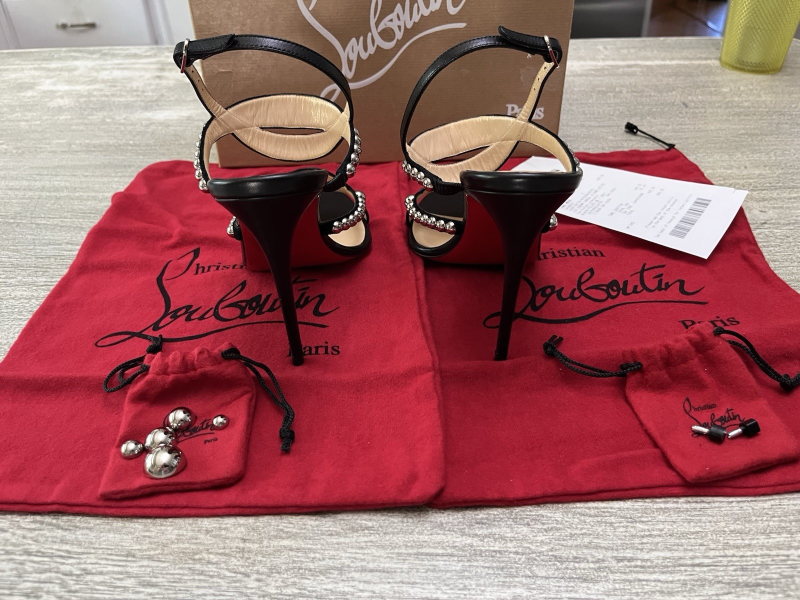 Christian Louboutin Galleria Napa Shiny Black/silver Heeled Sandal W Dome Detail