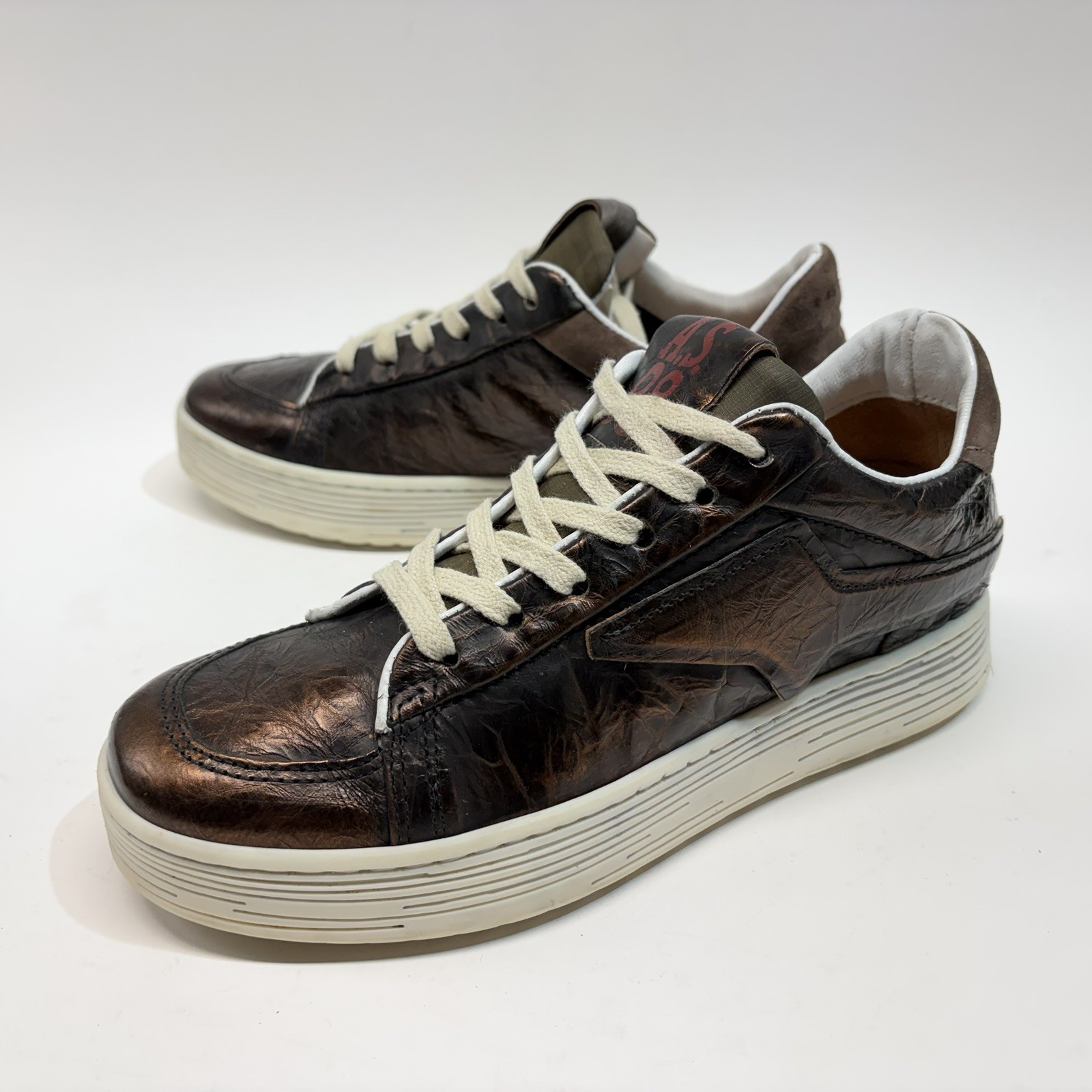 A.S. 98 Distressed Metallic Bronze Leather Sneakers Women’s 37 Removable Wedge