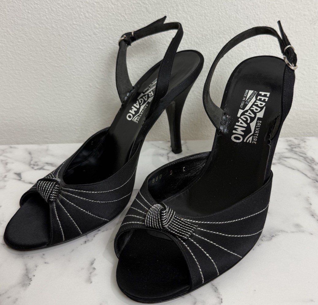 Salvatore Ferragamo Heels Womens 9 C Black Slingback Open Toe Leather Pumps