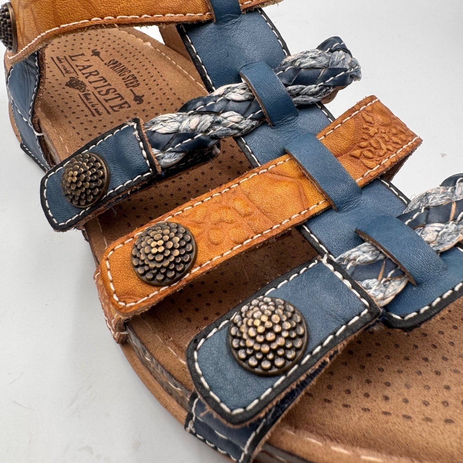 L’Artiste Spring Step Brash-Blum Blue Tan Leather Sandals Boho Strappy Womens 37