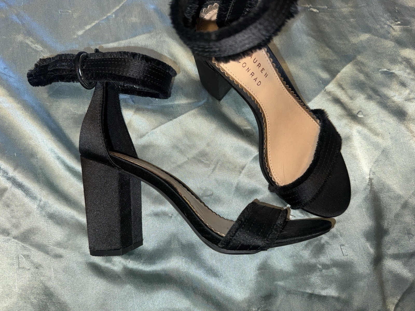 LC Lauren Conrad Black Ankle Strap Buckle Open Toe Block Heel US 7.5