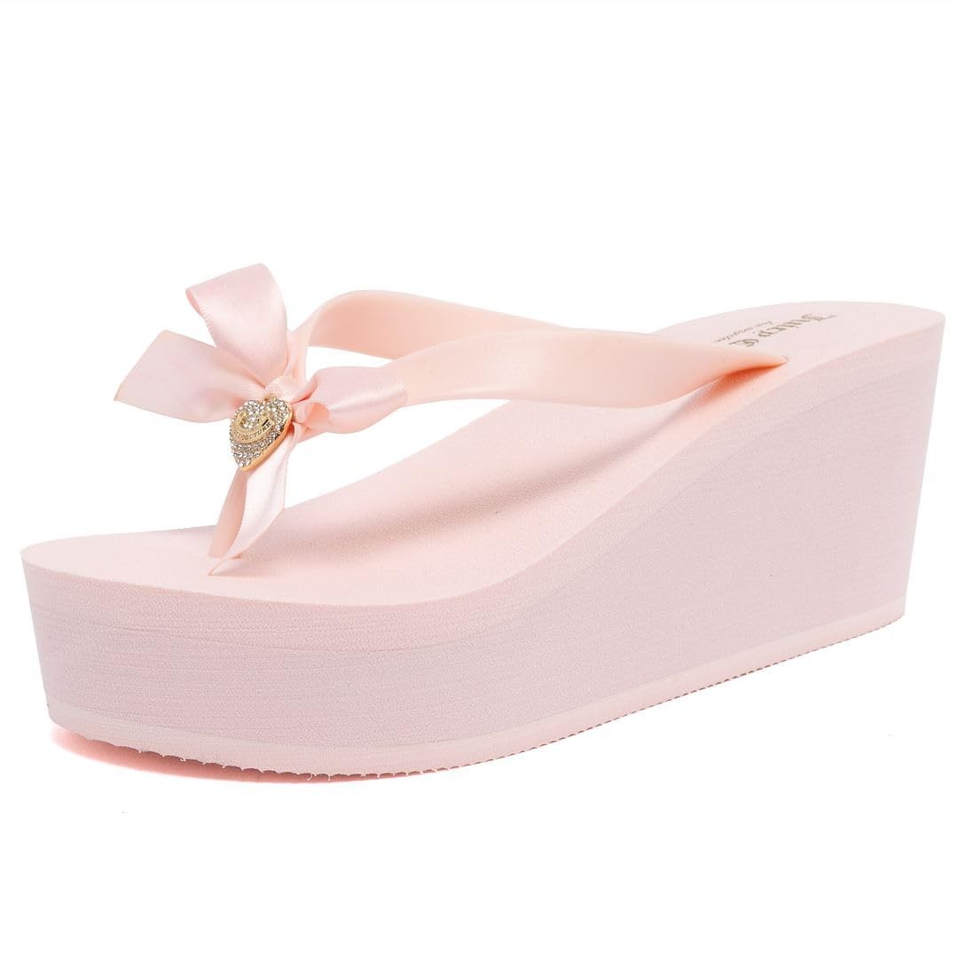 Women’s Platform Wedge Flip Flops, Summer Beach Sandals with Rhinestone Heart…